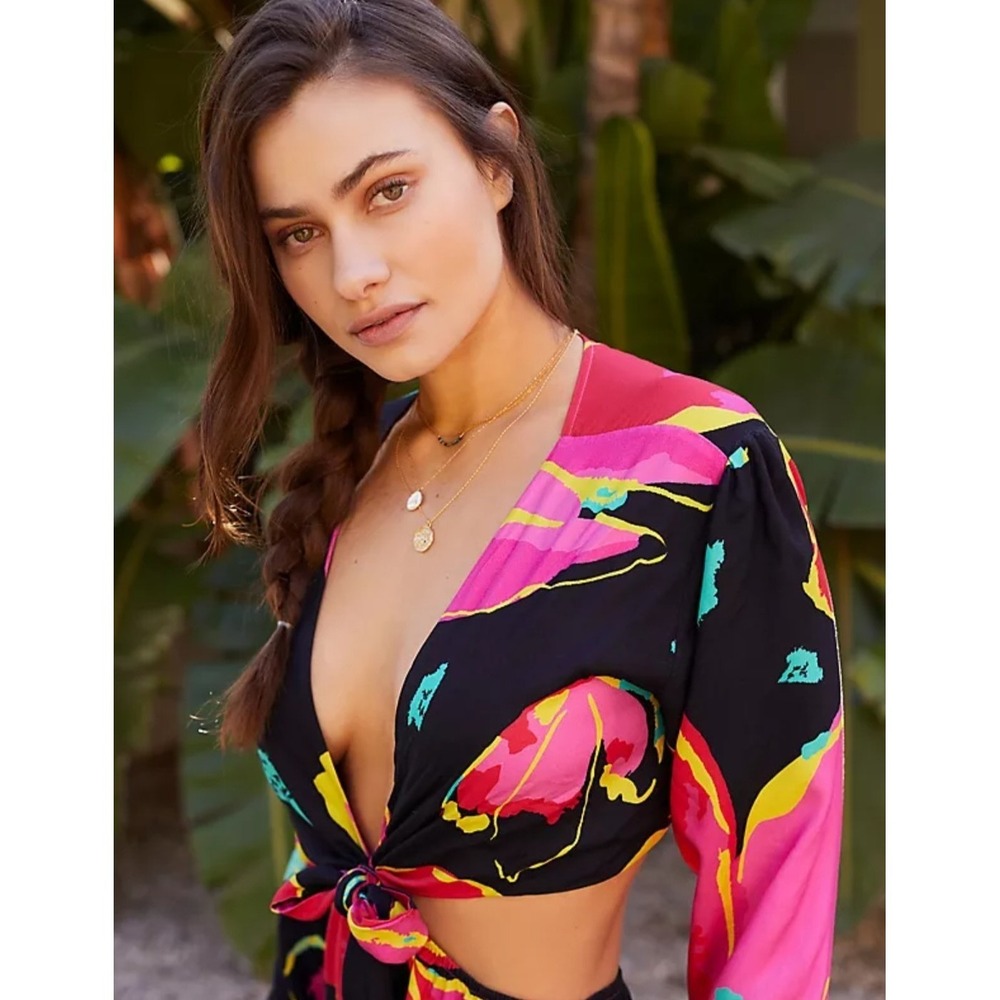 Maaji Crop Top Womens Small Black‎ Pink Floral Tie Front Tropical Beach Cover Up